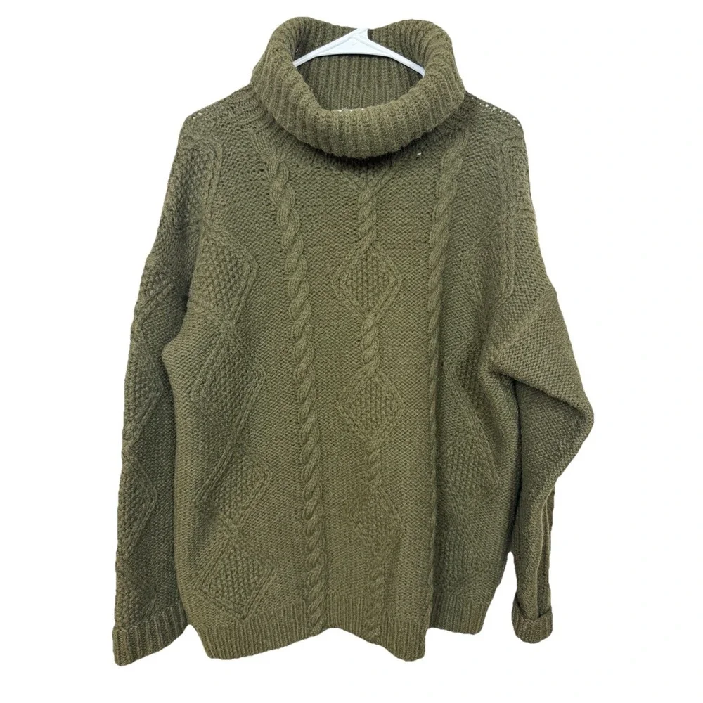 VTG Hand Knit Shetland Wool Cable Knit Turtleneck Sweater Womens M‎ Green Chunky